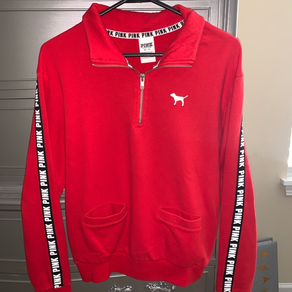 Red Quarter-zip PINK Hoodie, Worn